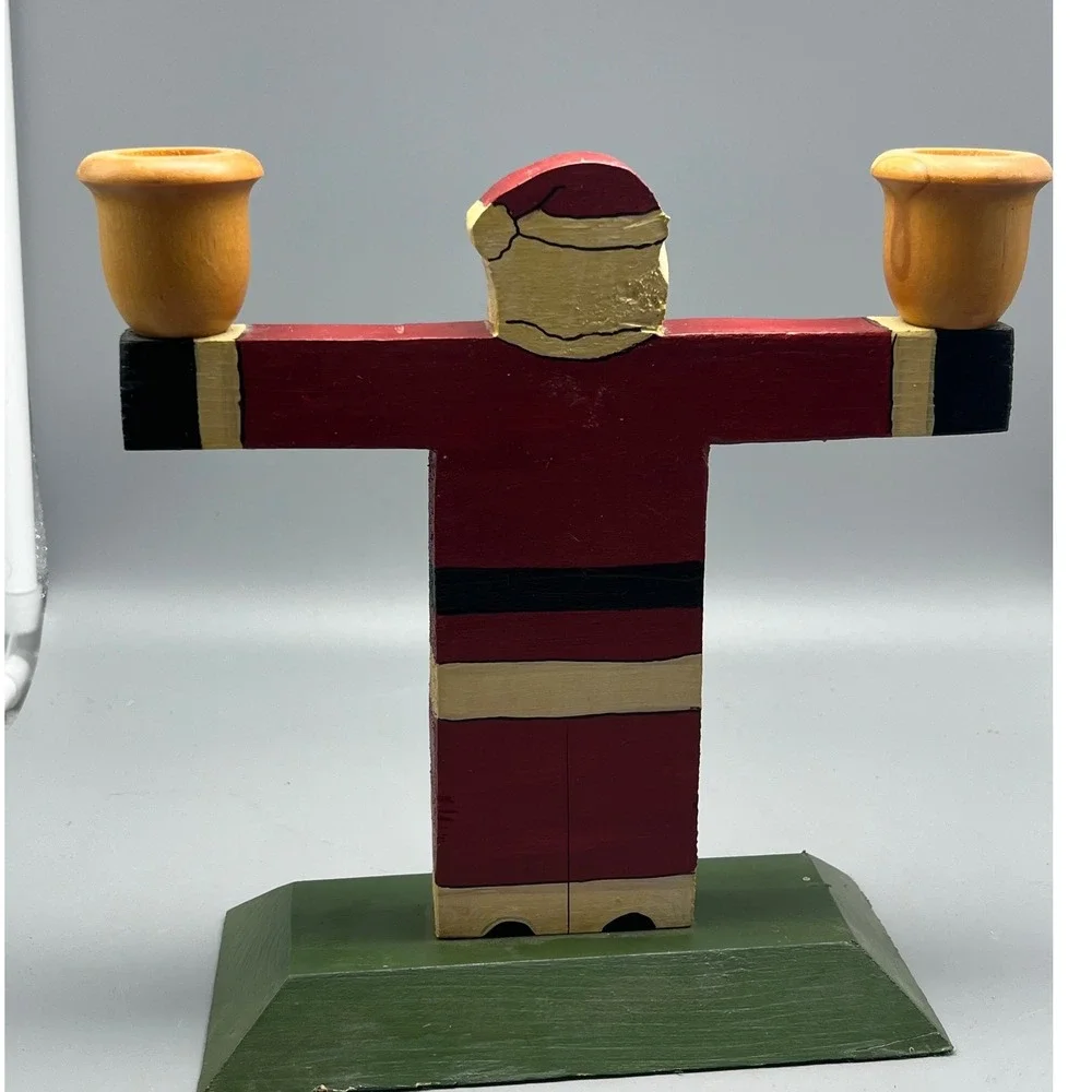 Vintage Hand-painted wooden Santa folk art Candle Holder‎
